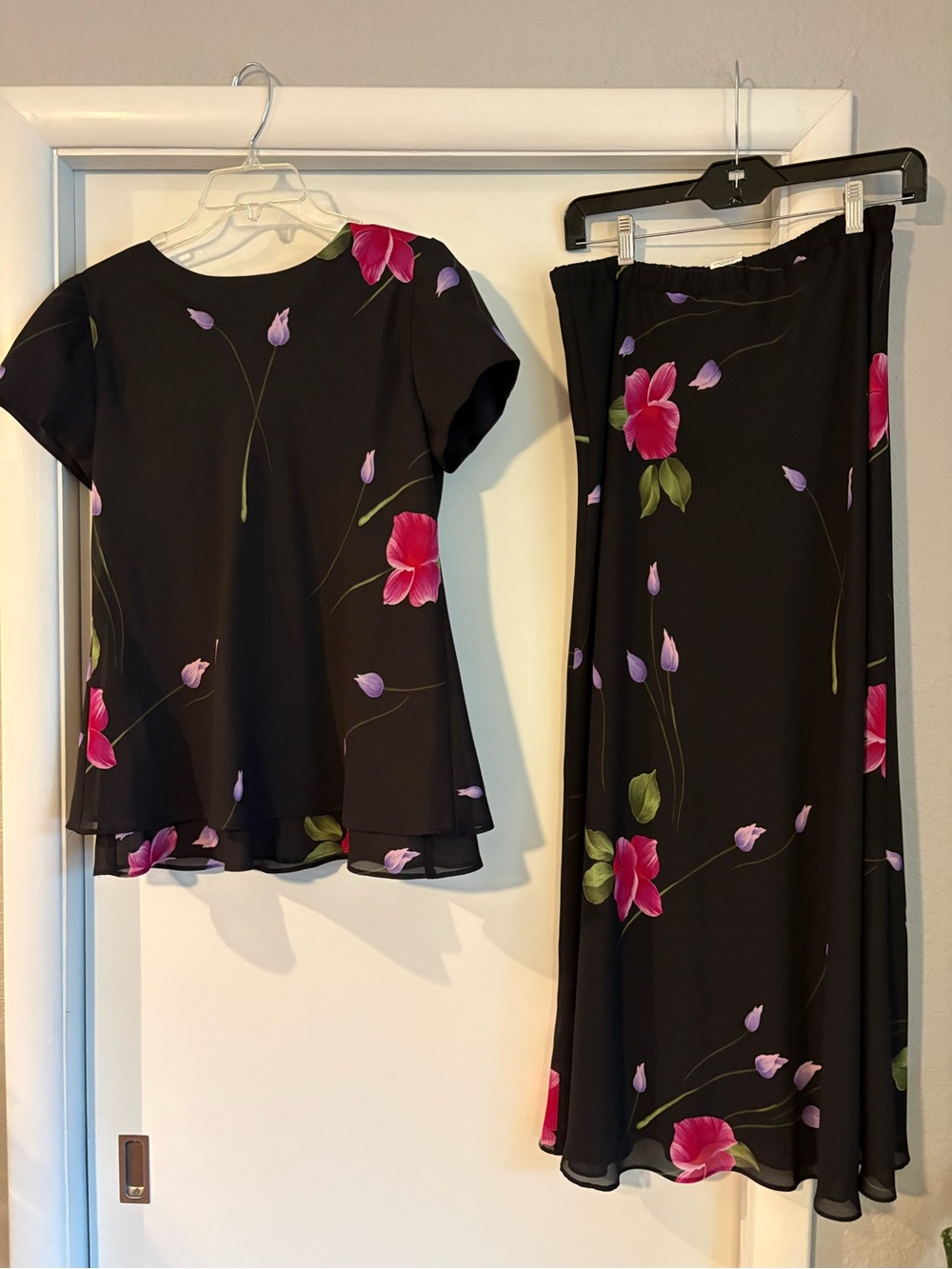 Jessica Howard Black Floral Two-Piece Set with Pink & Lavender Blooms